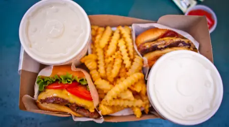 SelfService kiosk showing burger ordering options