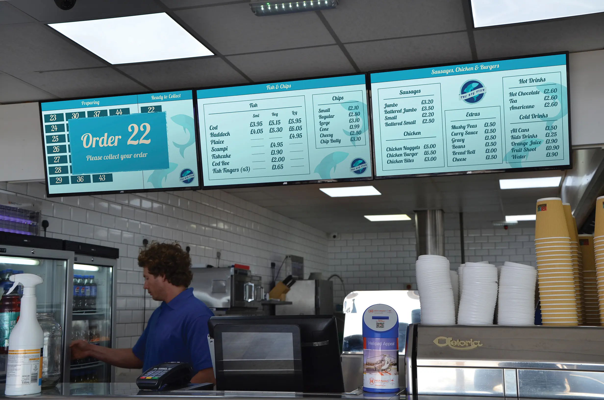 CollectionPoint display showing fish and chip orders ready for pickup