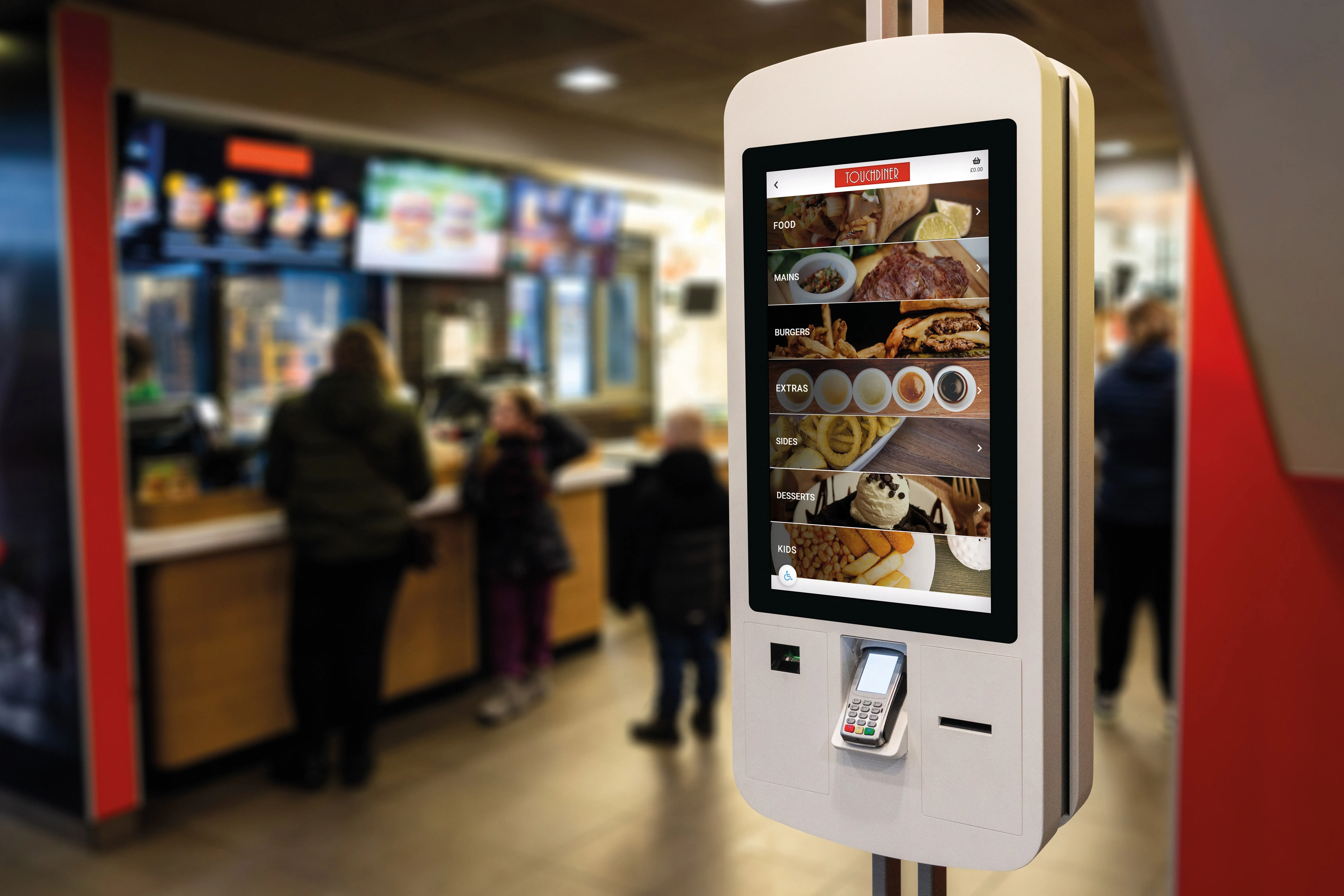 SelfService kiosk in a quick-service Flying Hog restaurant