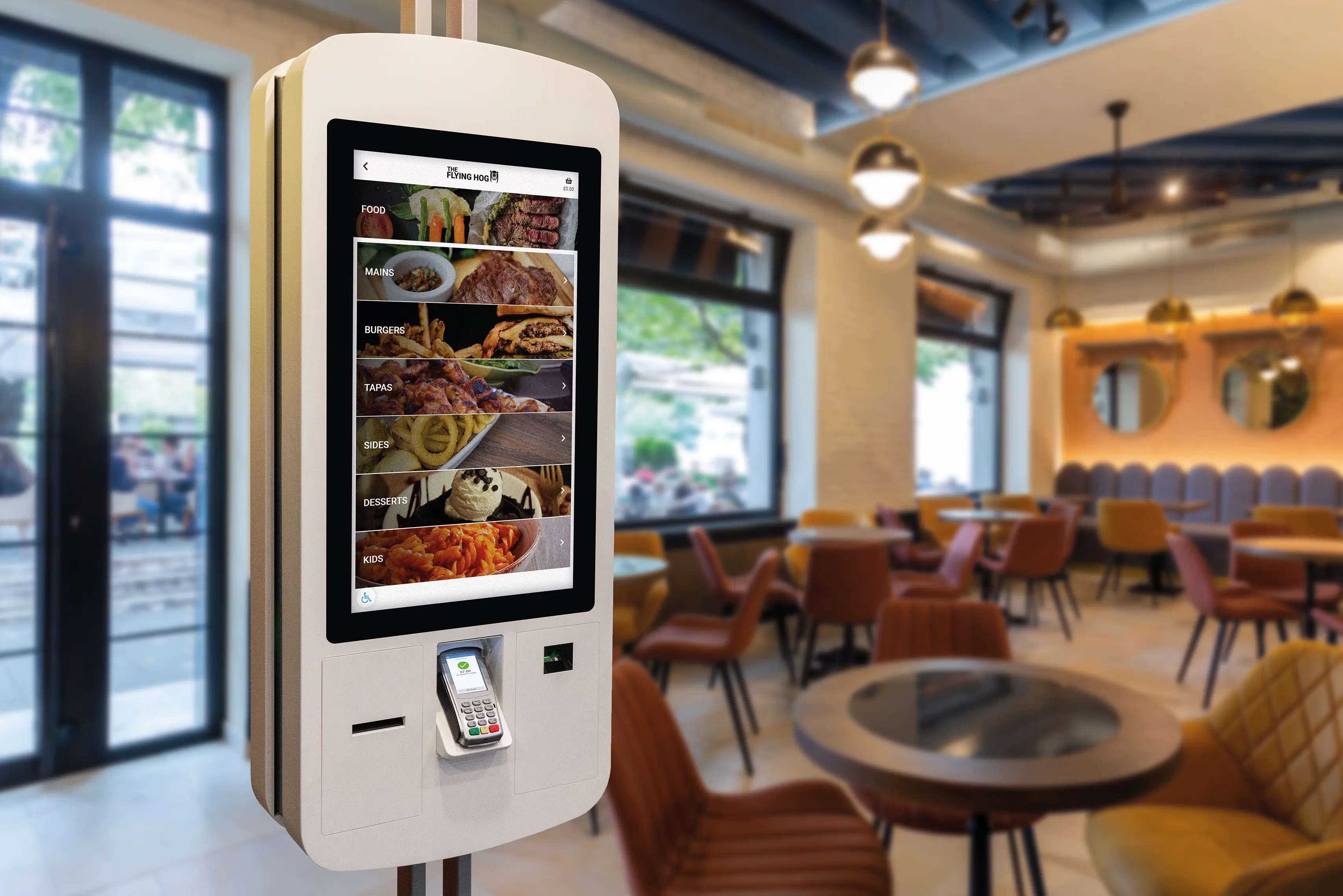 SelfService kiosks highlighted with promotional signage in a venue