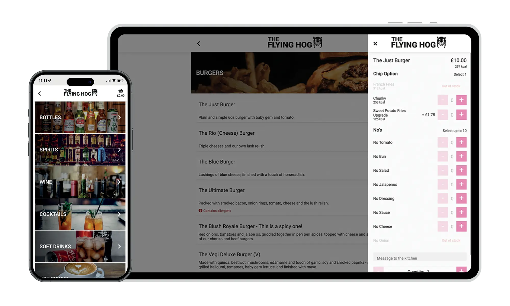 TouchTakeaway upsell prompts on phone and tablet mockups